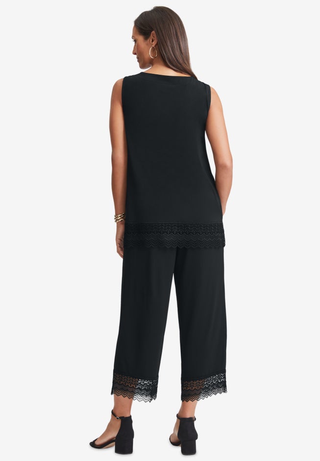 2-Piece Stretch Knit Lace Trim Crop Set image number 3