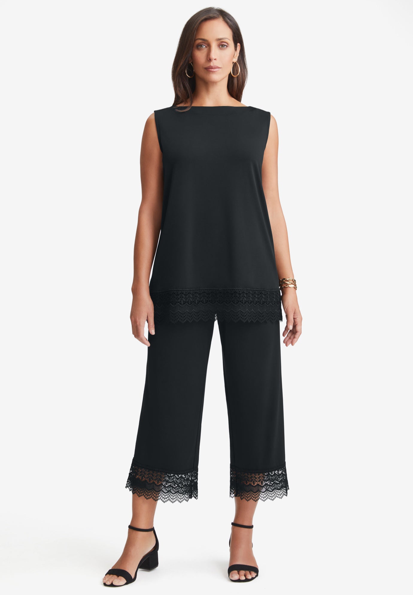 2-Piece Stretch Knit Lace Trim Crop Set image number 0