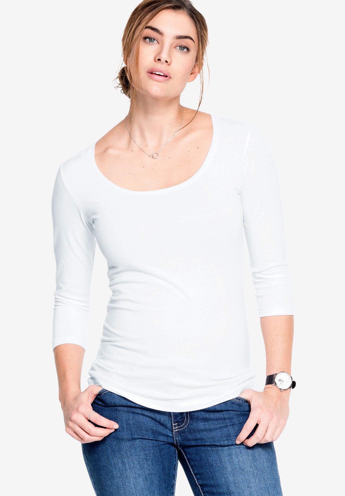 Cotton Spandex Scoop Neck 3/4 Sleeve Tee image number 0