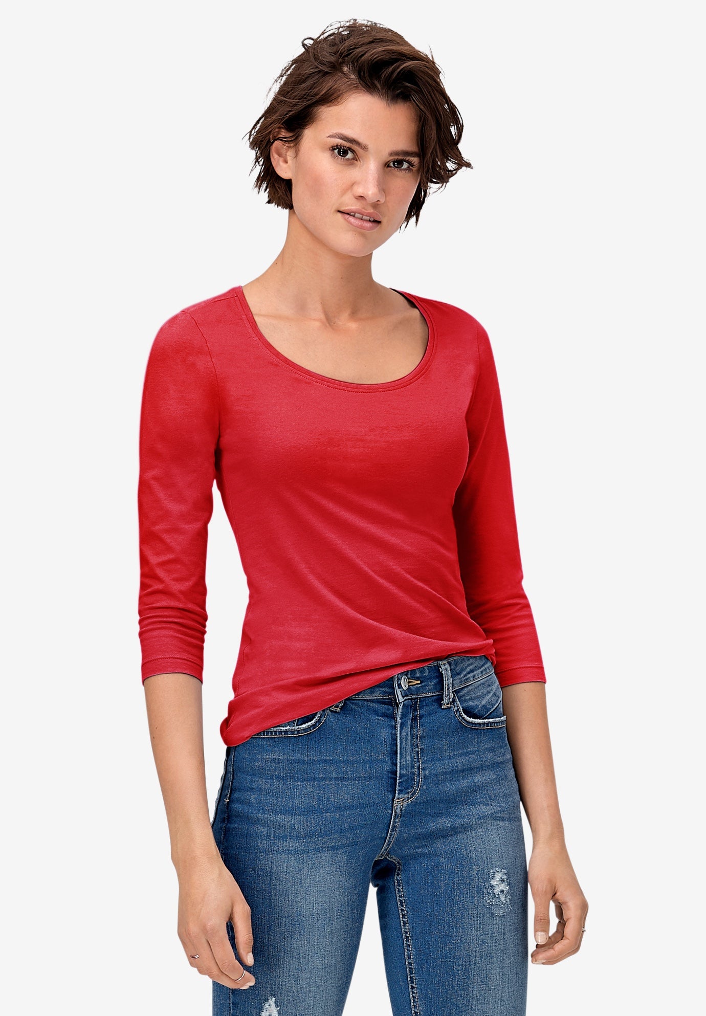 Cotton Spandex Scoop Neck 3/4 Sleeve Tee image number 0