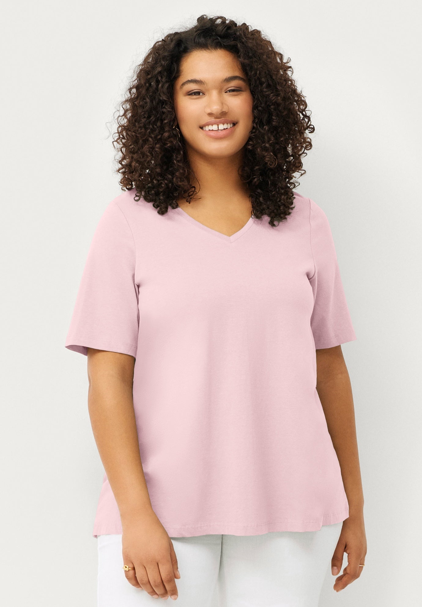 Stretch Jersey Knit A-Line Relaxed V-Neck Short Sleeve Tunic image number 0