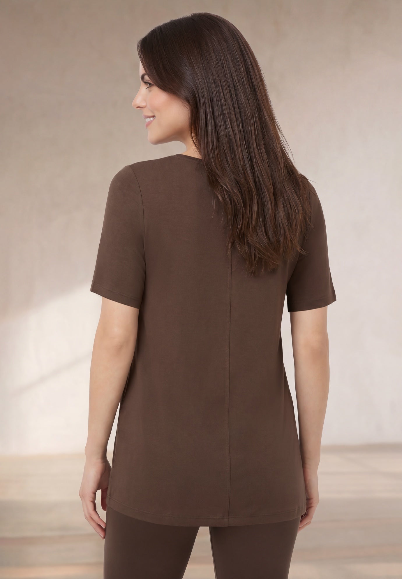 Stretch Jersey Knit A-Line Relaxed V-Neck Short Sleeve Tunic image number 1