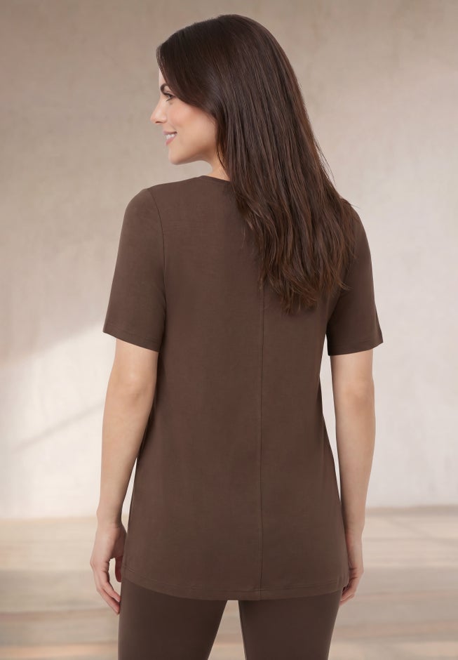 Stretch Jersey Knit A-Line Relaxed V-Neck Short Sleeve Tunic image number 1