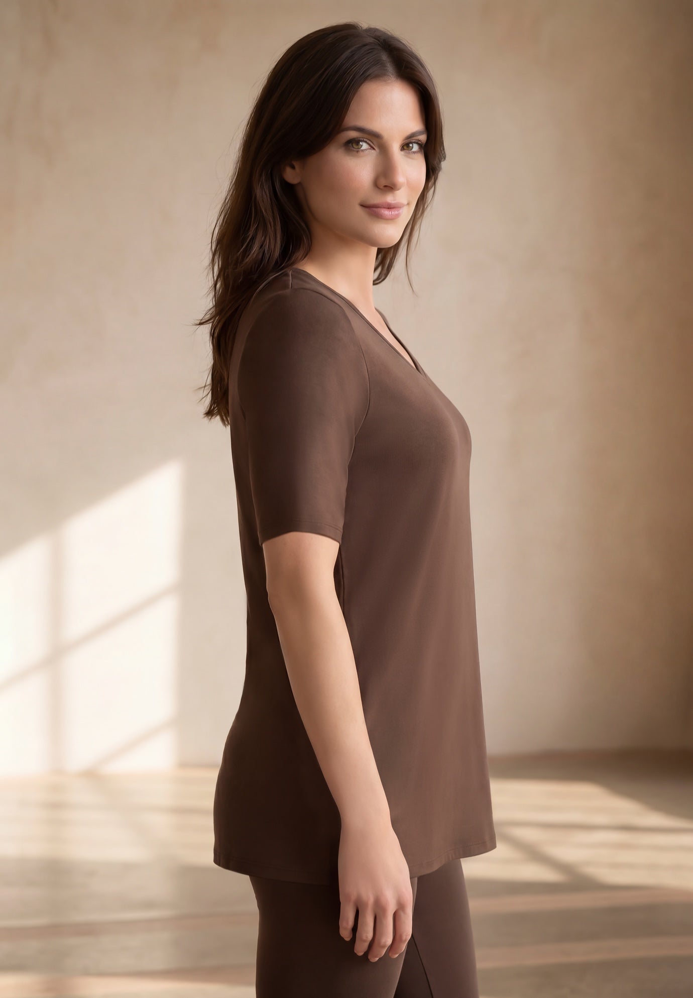Stretch Jersey Knit A-Line Relaxed V-Neck Short Sleeve Tunic image number 2
