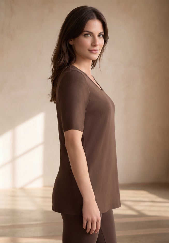 Stretch Jersey Knit A-Line Relaxed V-Neck Short Sleeve Tunic image number 2