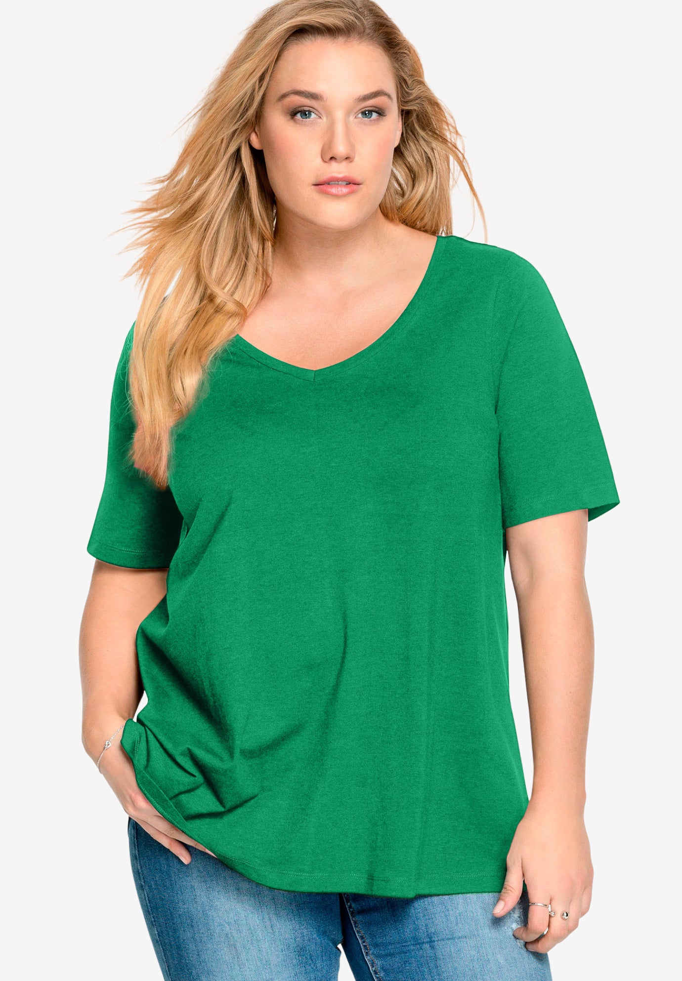 Stretch Knit V-neck Short Sleeve Tunic image number 0