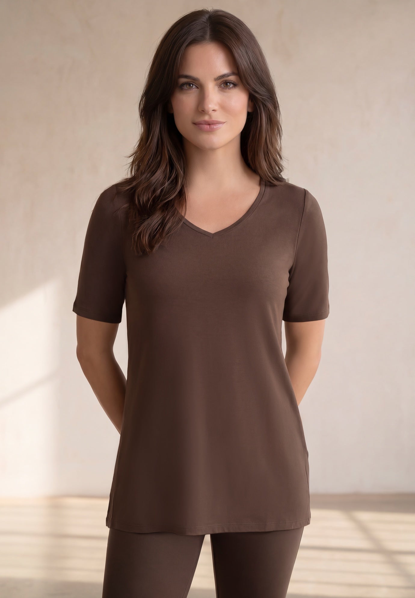 Stretch Jersey Knit A-Line Relaxed V-Neck Short Sleeve Tunic image number 0