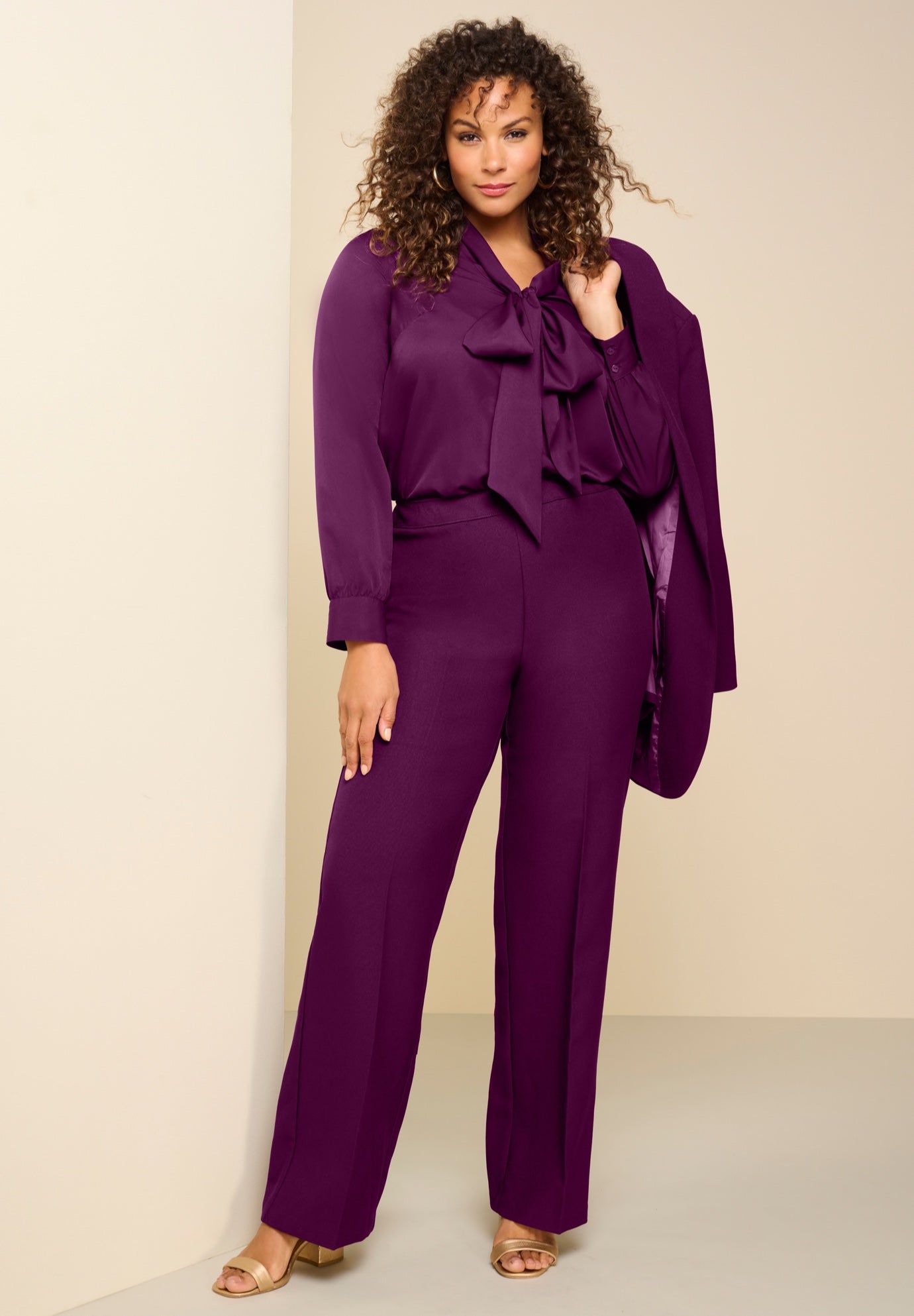 Wide-Leg Bend Over® Stretch Waist Pants, Dark Berry | Catherines