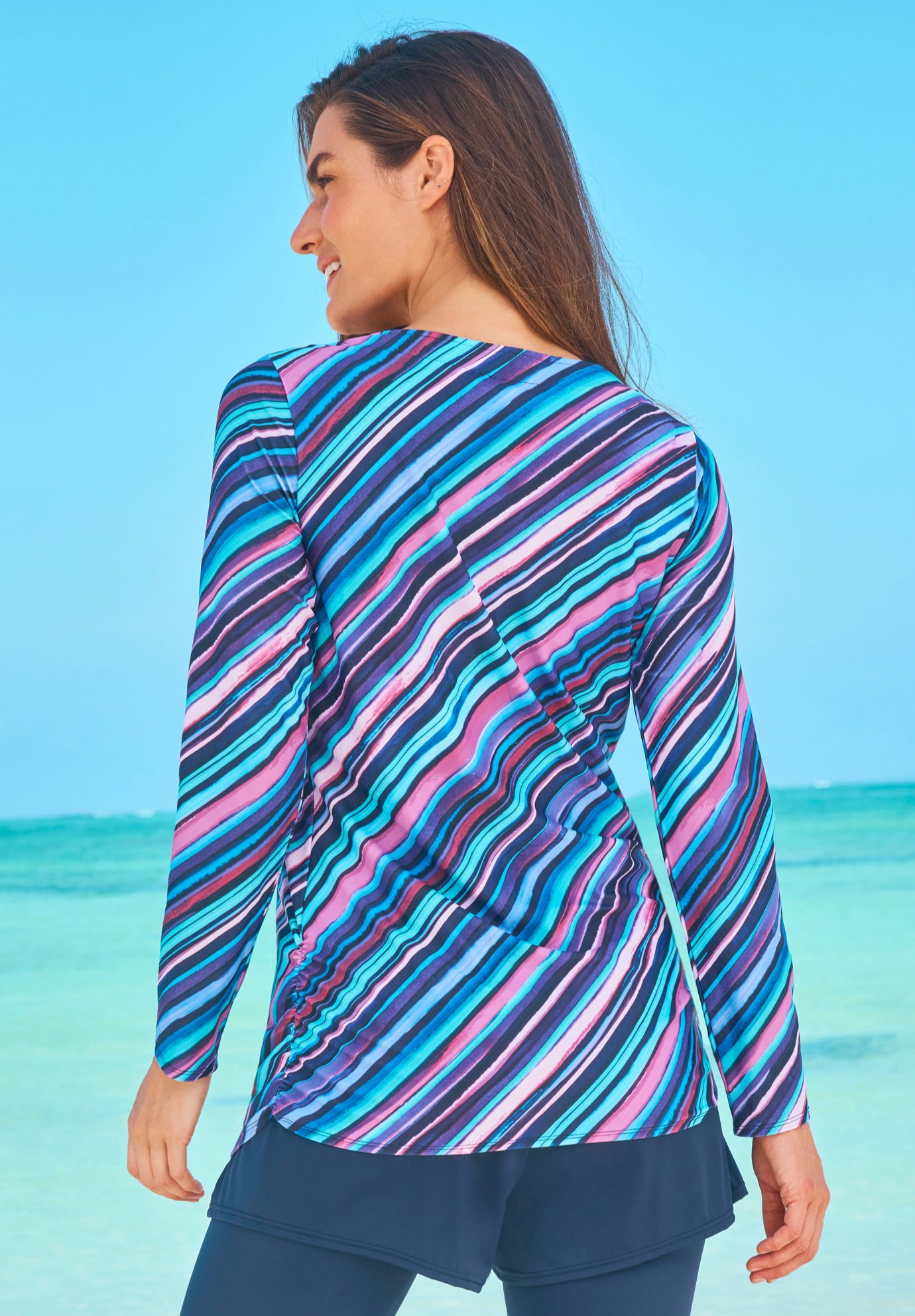 Split-Neck Long Sleeve Swim Tee with Built-In Bra image number 1