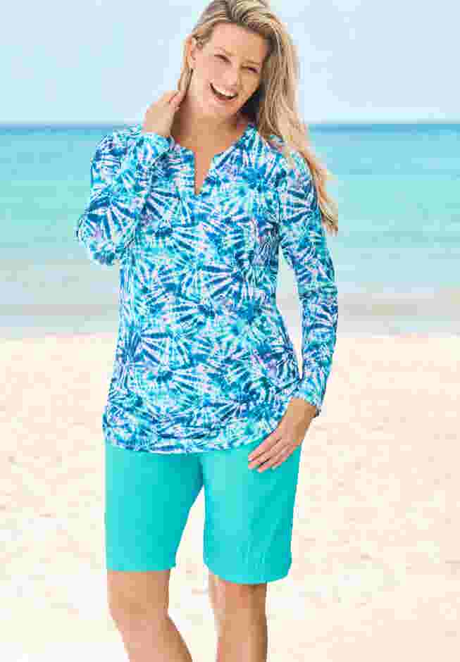 Split-Neck Long Sleeve Swim Tee with Built-In Bra image number 0