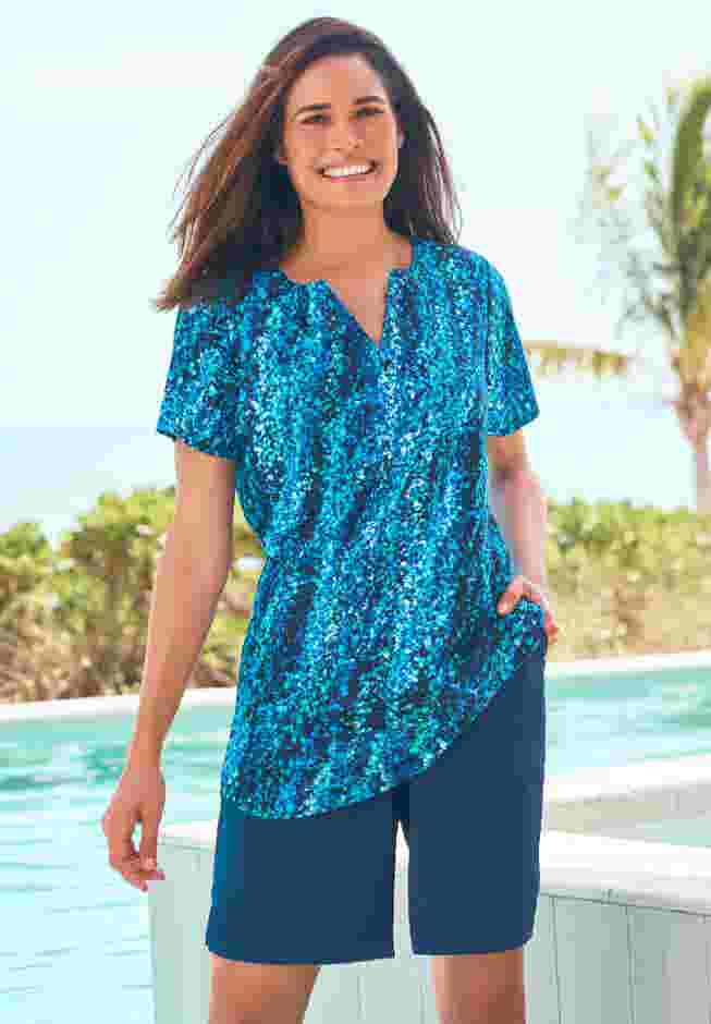 Split-Neck Short Sleeve Swim Tee with Built-In Bra image number 0