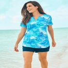 Split-Neck Short-Sleeve Swim Tee with Built-In Bra image number null