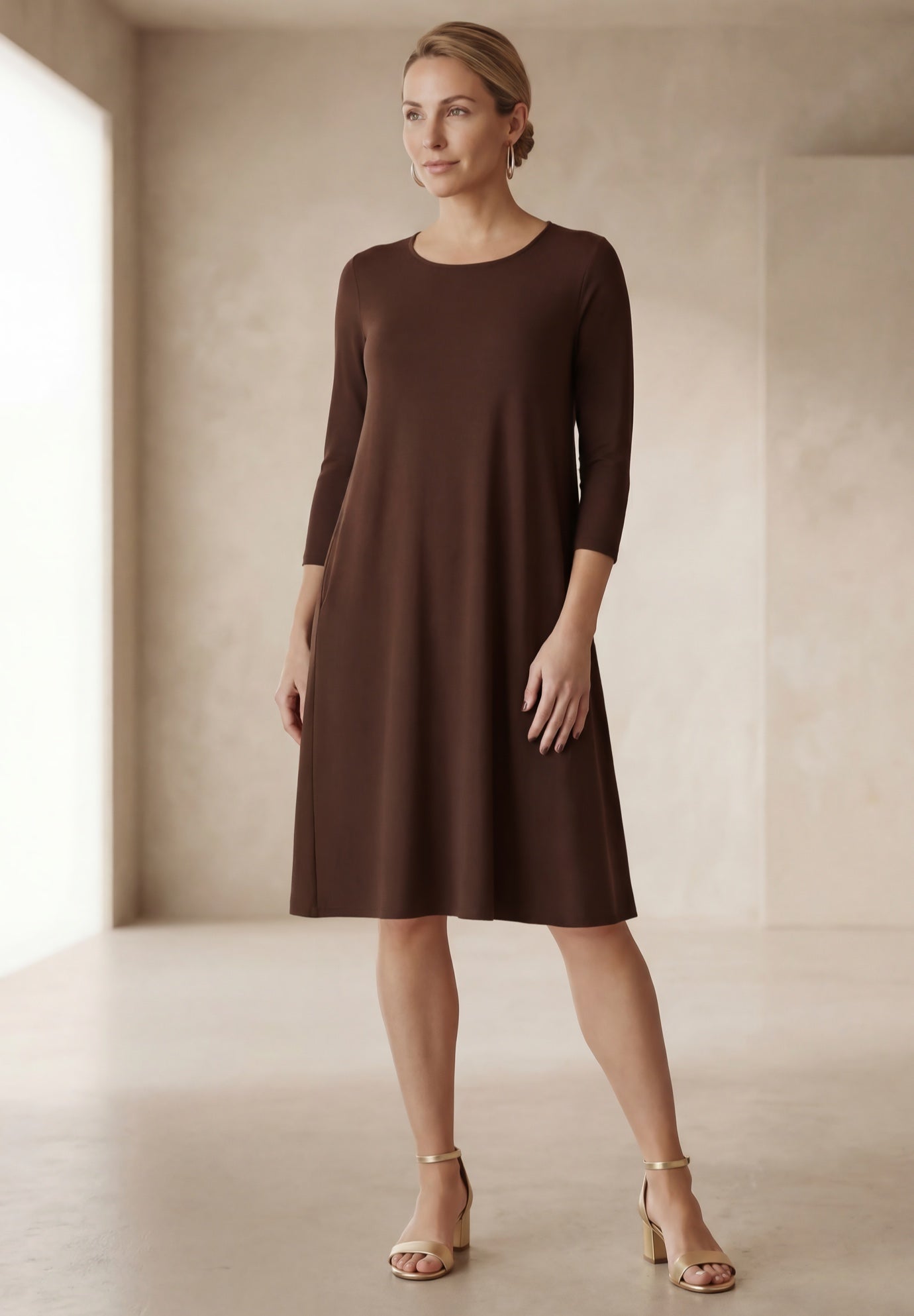 Stretch Knit Three-Quarter Sleeve T-shirt Dress image number 0