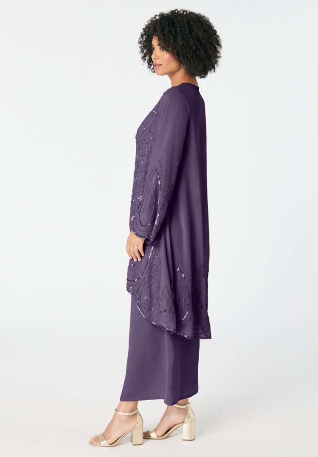 Plus-Size 2 piece Long Sleeve Beaded Georgette Gown Set with Detachable Jacket image number 3