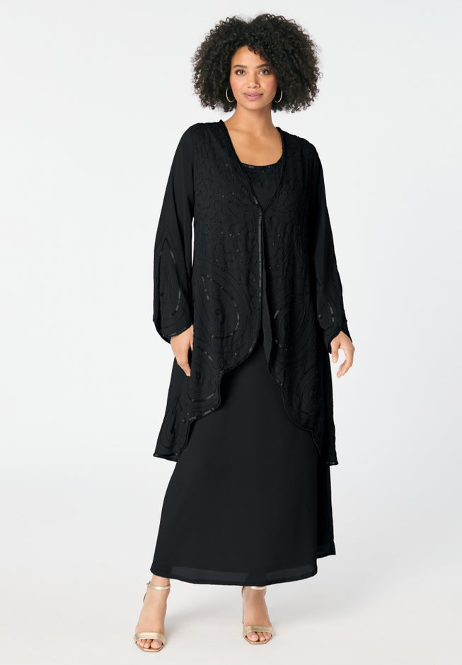 Plus-Size 2 piece Long Sleeve Beaded Georgette Gown Set with Detachable Jacket image number 1