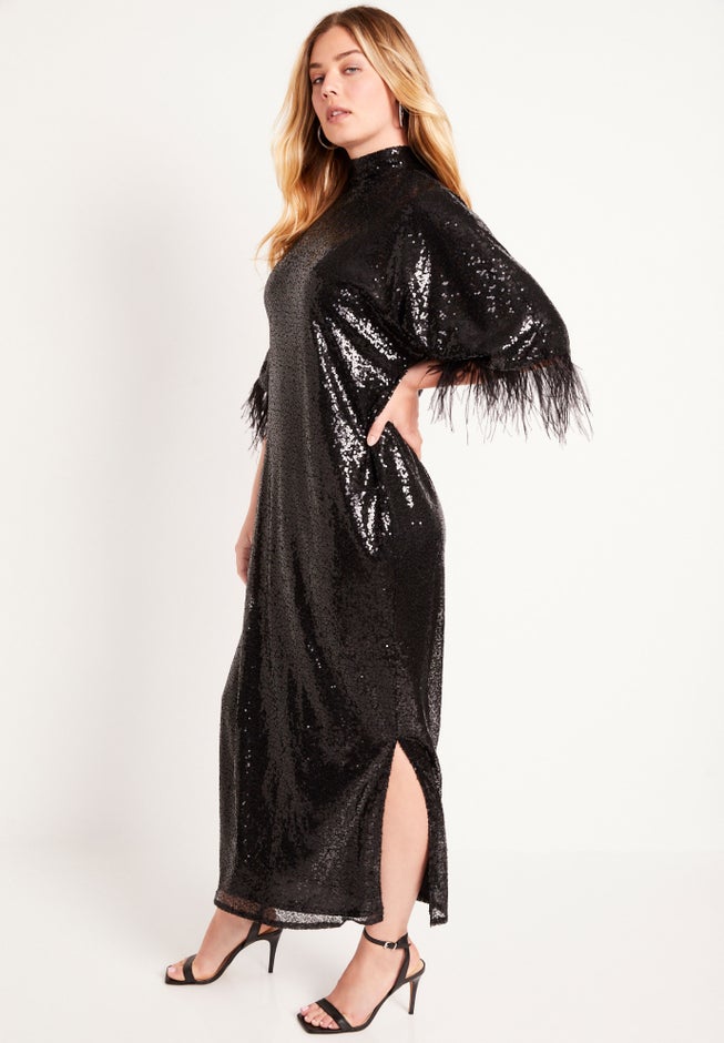 kimono sequin dress Feather Trim Kimono Sequin Dress - Vintage Glam, Black