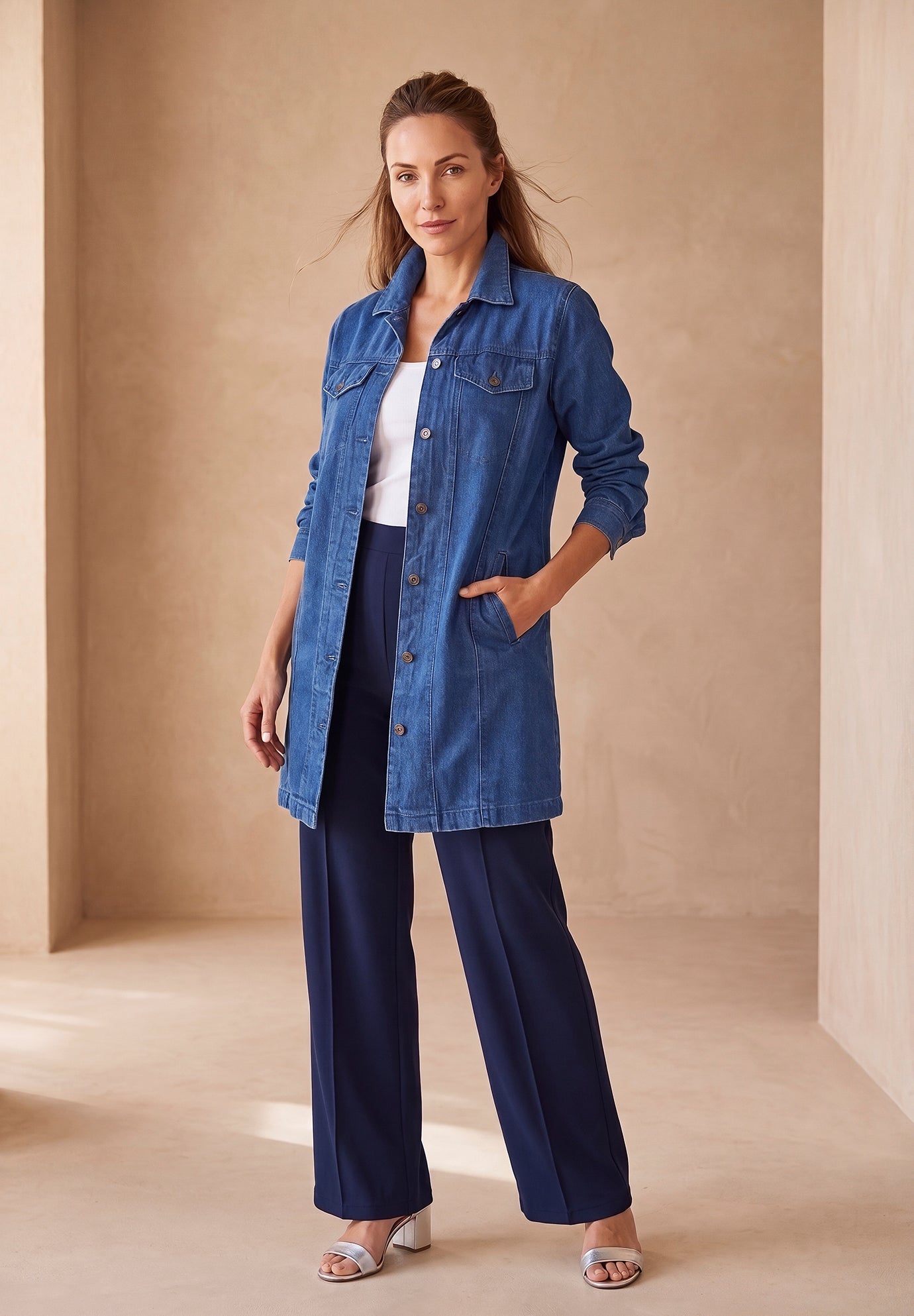 Long Denim Jacket with On-Seam Pockets