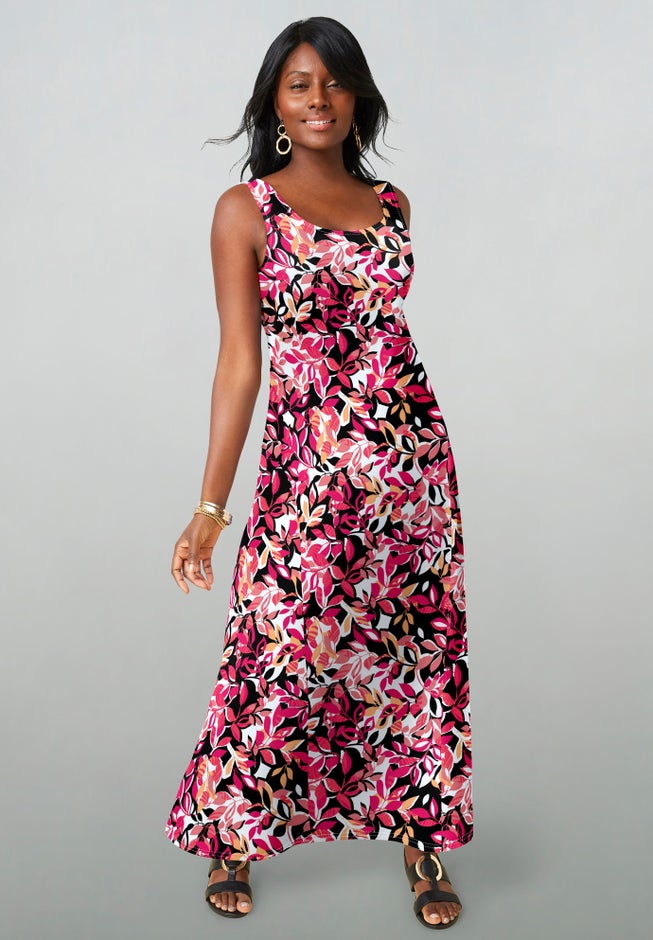 Stretch Cotton Tank Maxi Dress A-Line Fit, Tea Rose Graphic Leaves | Catherines Stretch Cotton Tank Maxi Dress A-Line Fit, Tea Rose Graphic Leaves | Catherines