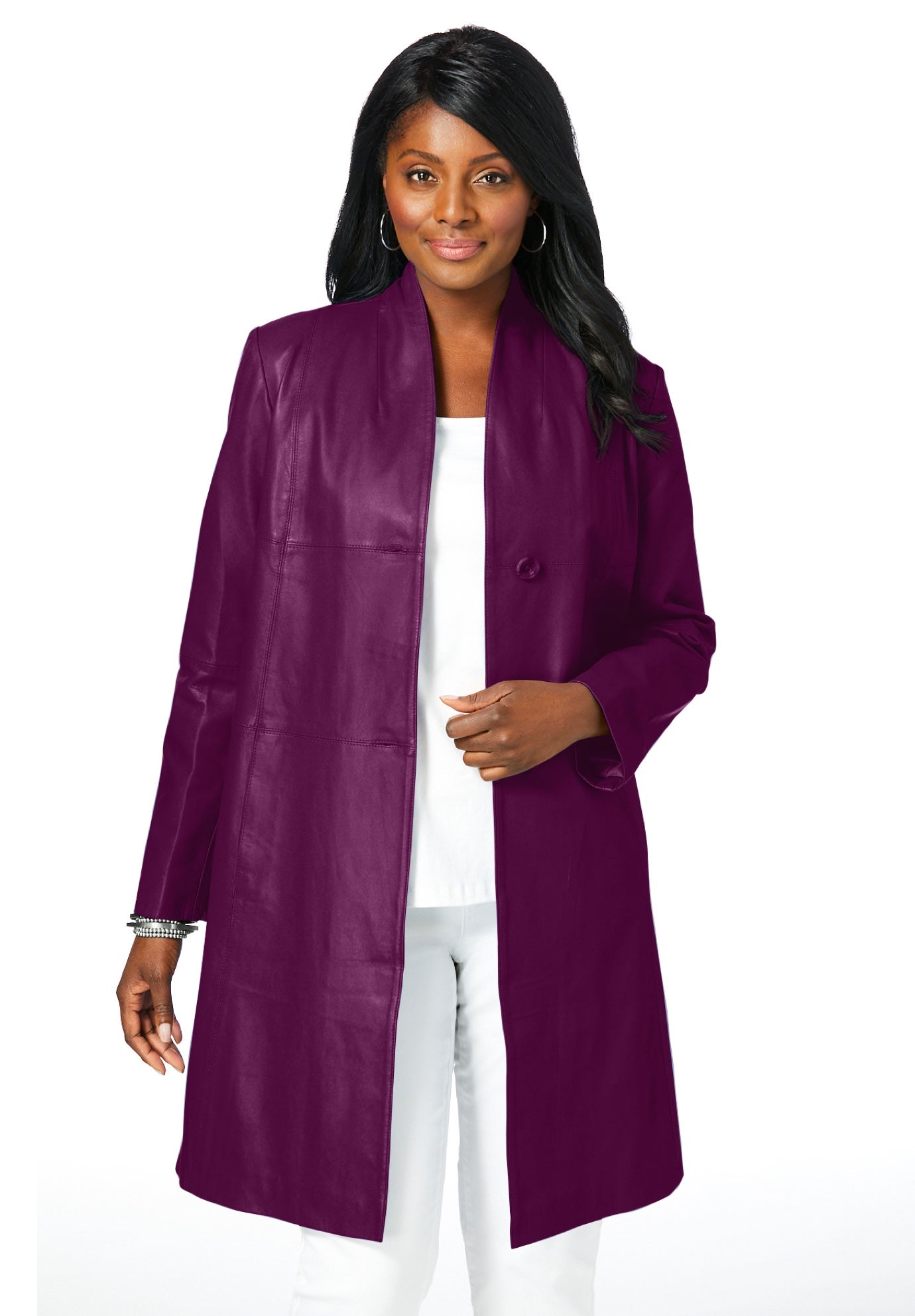 Leather Swing Coat - Genuine Trapeze Jacket, Dark Berry | Catherines