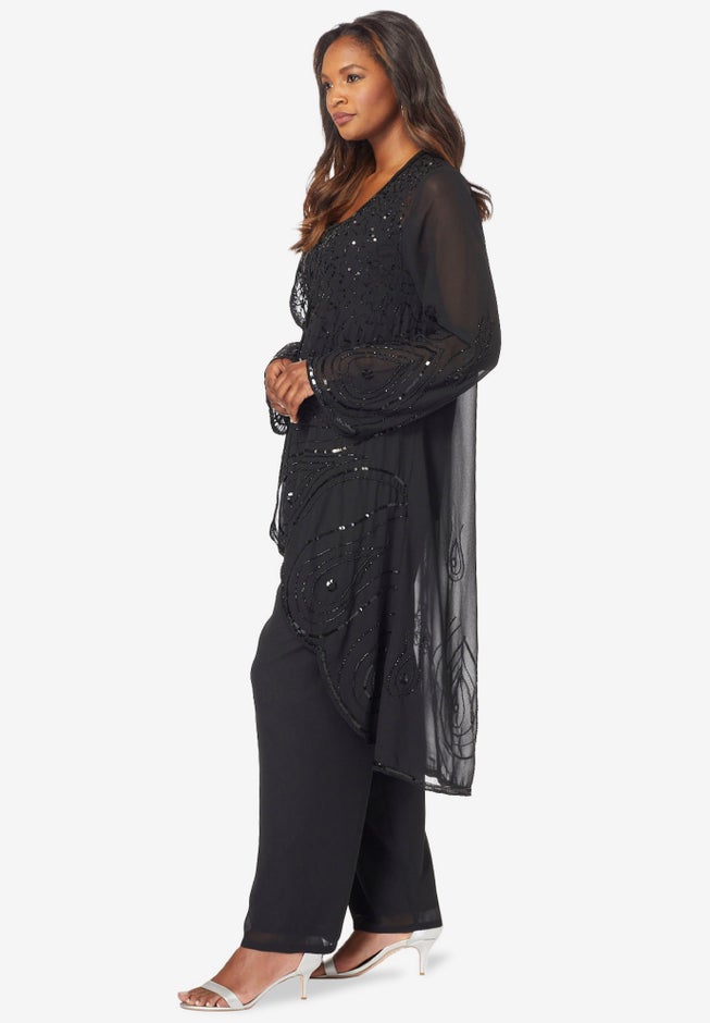 Plus Size Beaded Georgette 3-piece Pant Set &ndash; Formal Wear image number 3