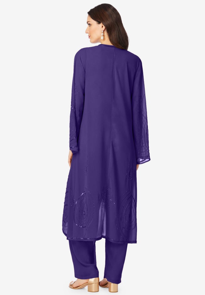 Plus Size Beaded Georgette 3-piece Pant Set &ndash; Formal Wear image number 1