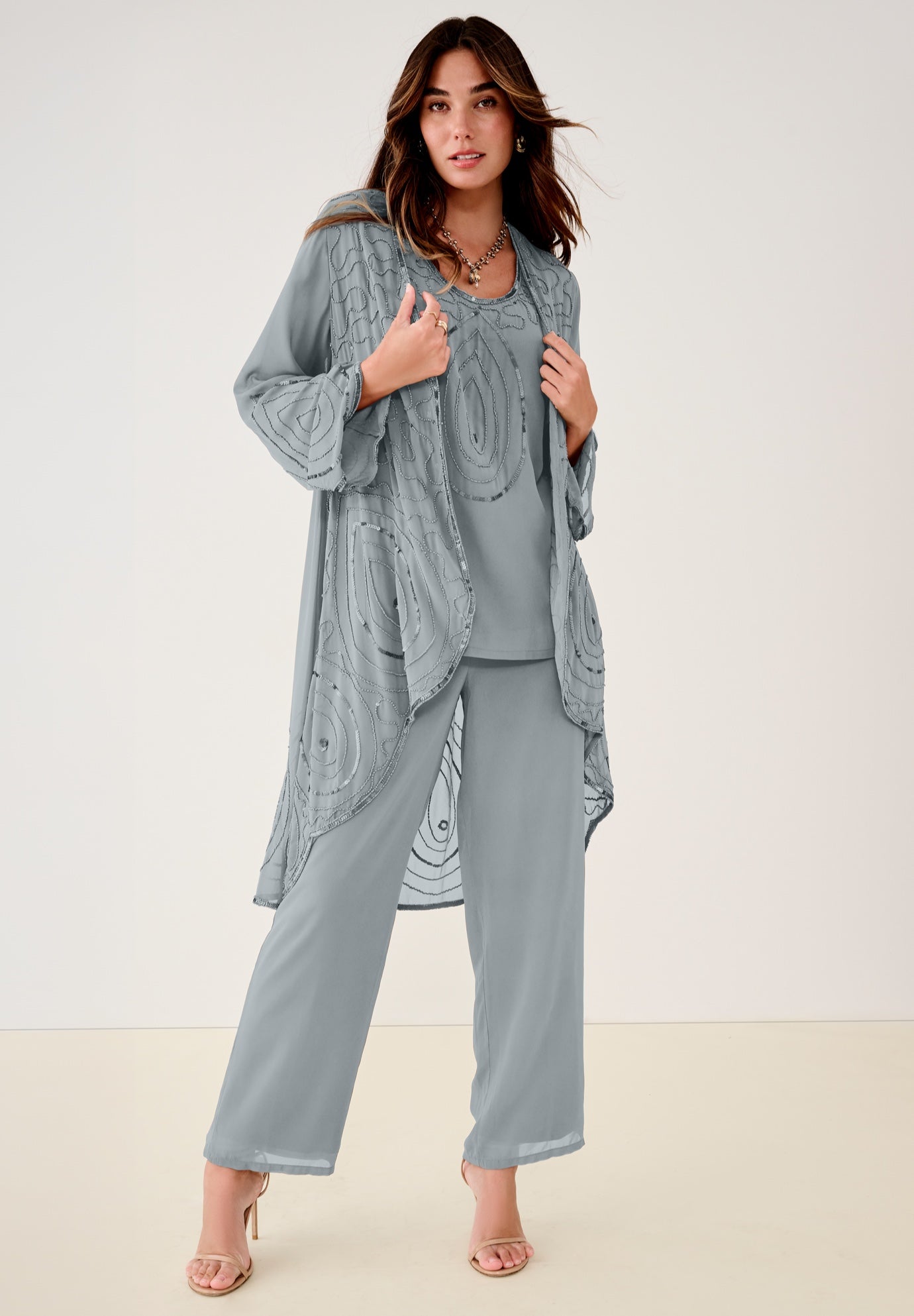 Plus Size Beaded Georgette Scoop Neck 3-Piece Pant Set image number 1