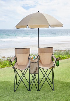 Twin Folding Picnic Chairs with Umbrella & Cooler