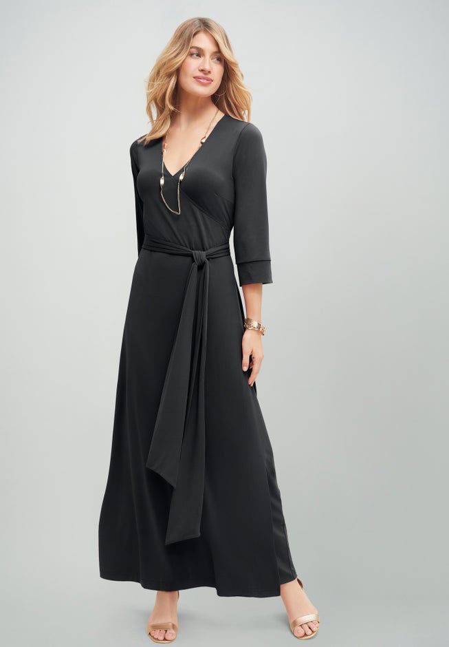 Stretch Knit Faux Wrap Maxi Dress, Black | Catherines Stretch Knit Faux Wrap Maxi Dress, Black | Catherines