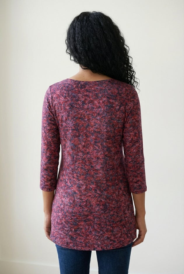 Three-Quarter Sleeve Curved Hem Tunic Top, Kelly Green Floral | Catherines