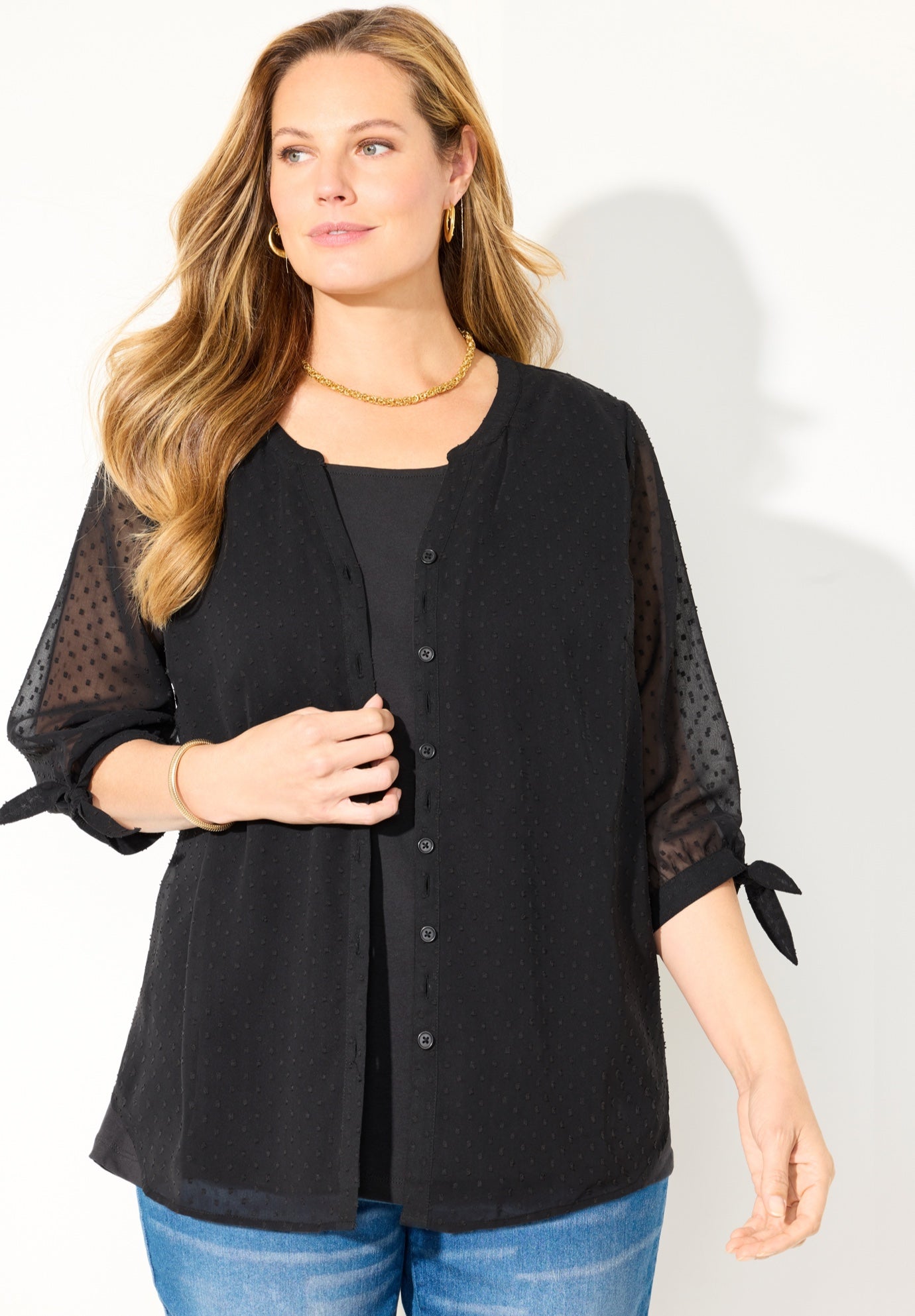 Swiss Dot Tie Sleeve Blouse image number 3