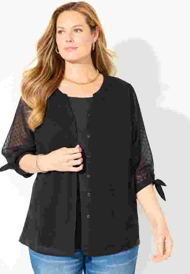 Swiss Dot Tie Sleeve Blouse image number 3