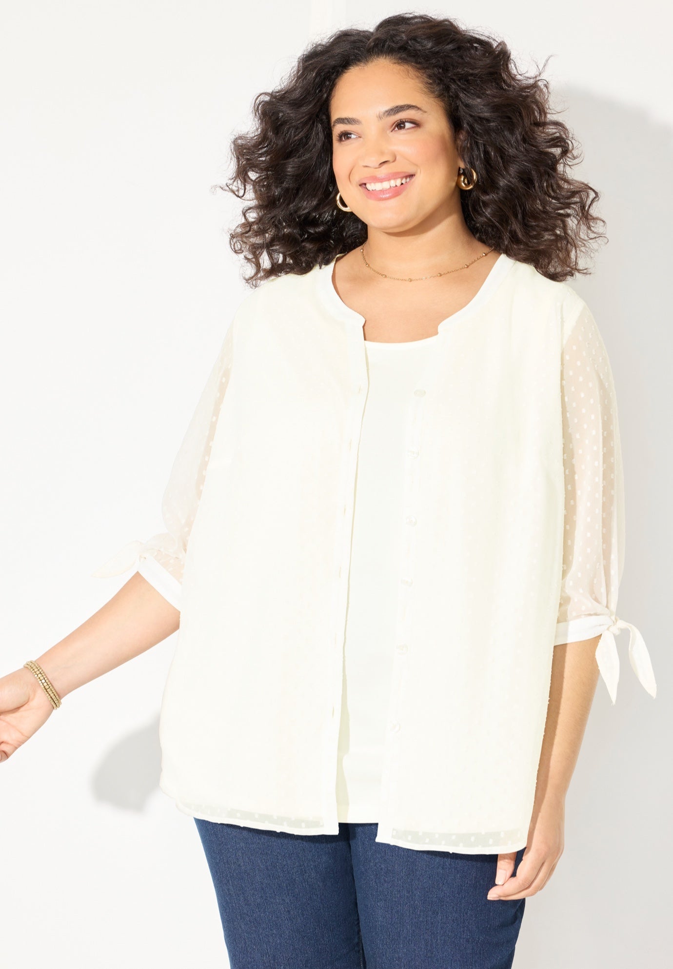 Swiss Dot Tie Sleeve Blouse image number 3