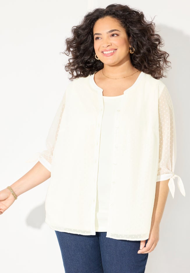 Swiss Dot Tie Sleeve Blouse image number 3