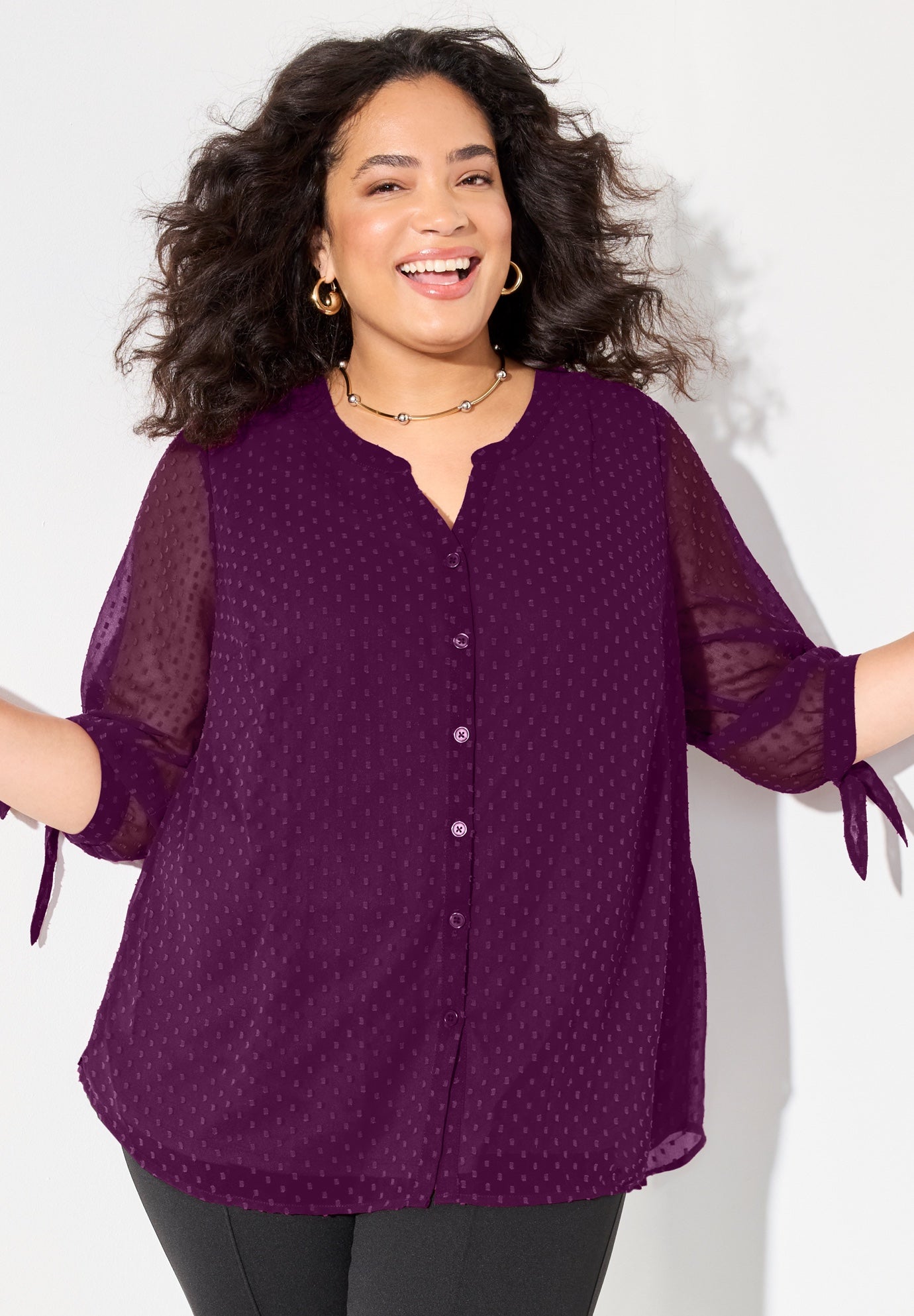 Swiss Dot Tie Sleeve Blouse image number 0