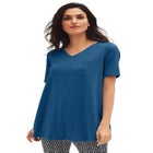 Stretch Knit V-neck Short Sleeve Chest Pocket Tunic image number null