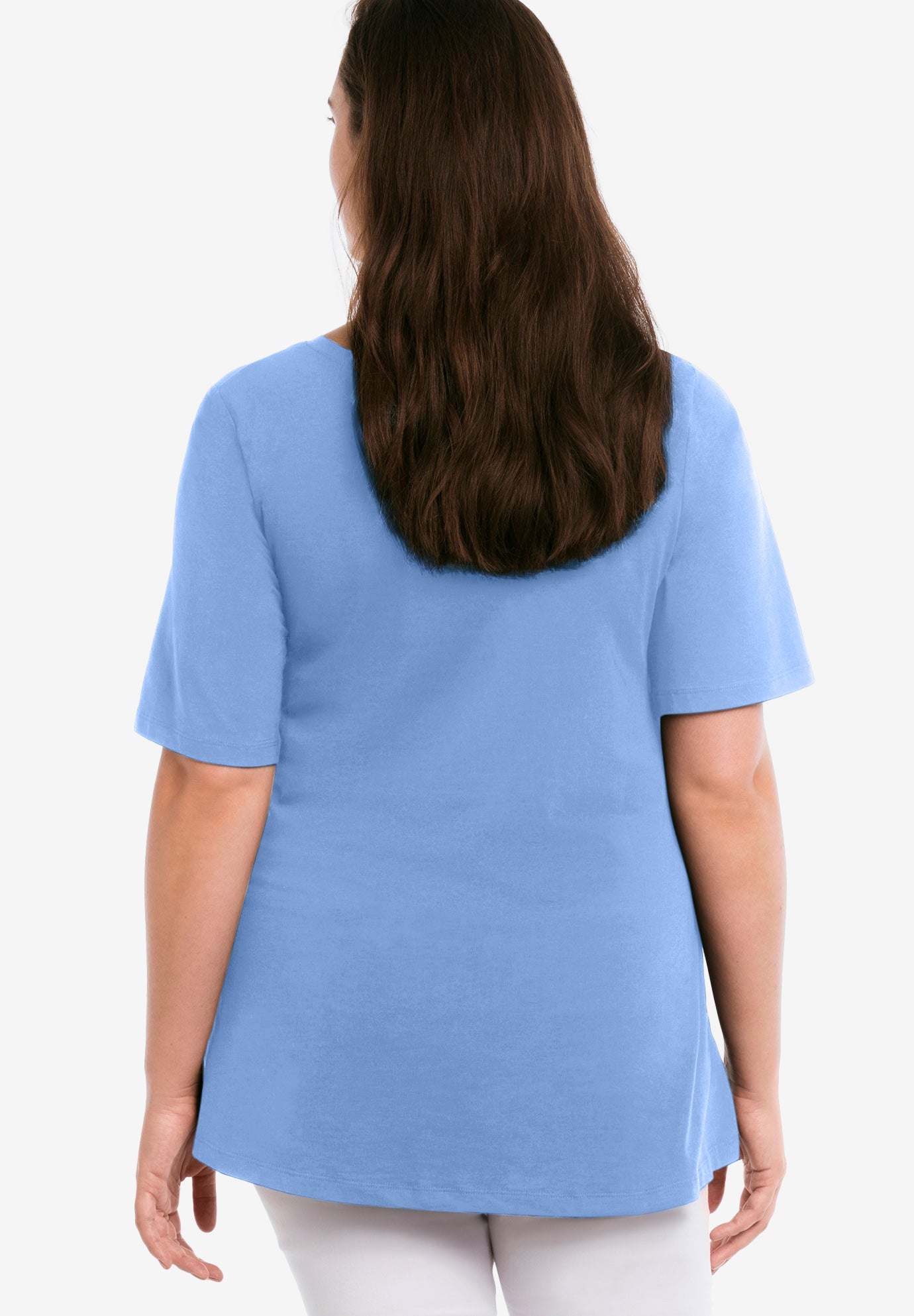 Stretch Knit V-neck Short Sleeve Chest Pocket Tunic image number 1