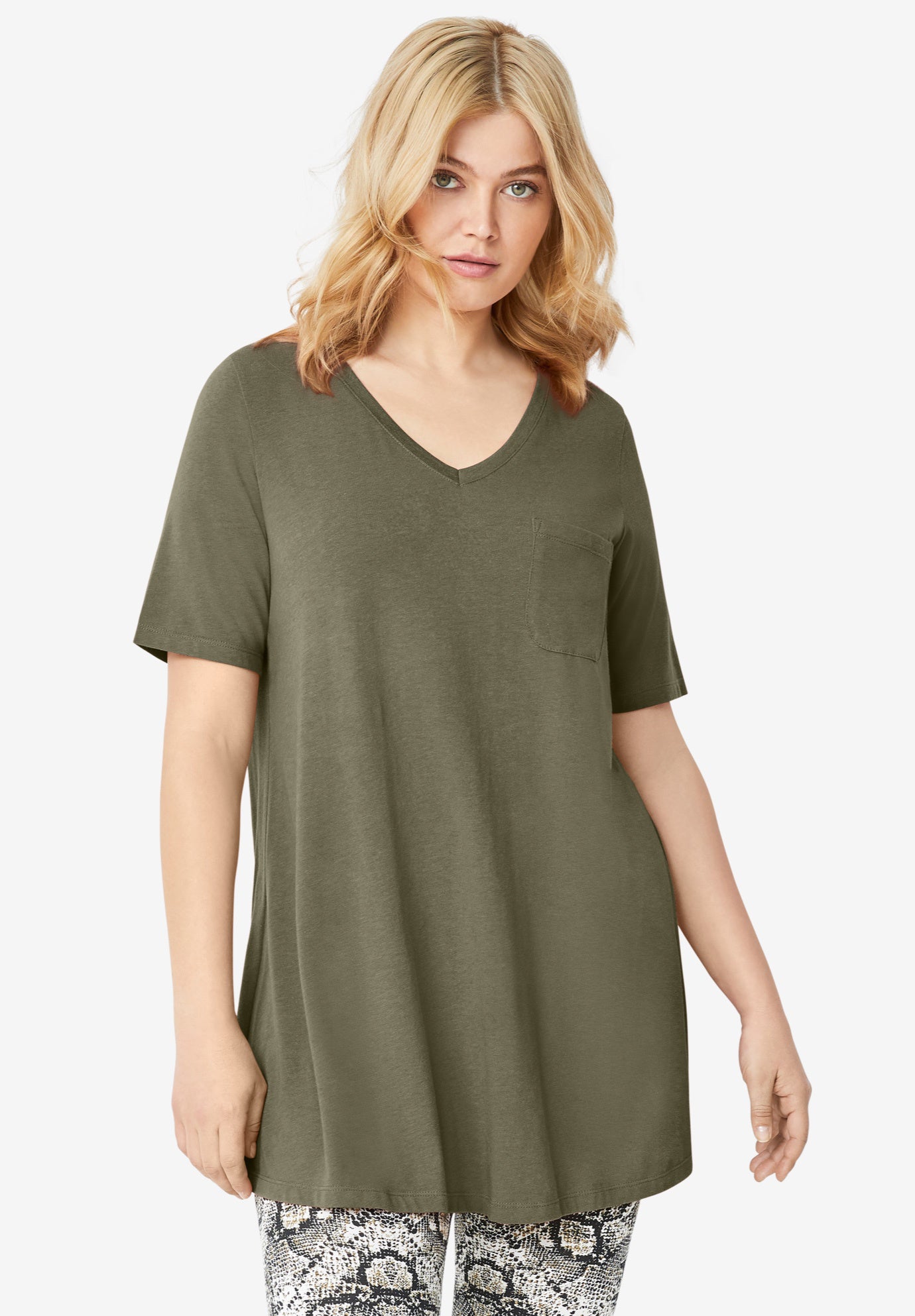 Stretch Knit V-neck Short Sleeve Chest Pocket Tunic image number 0