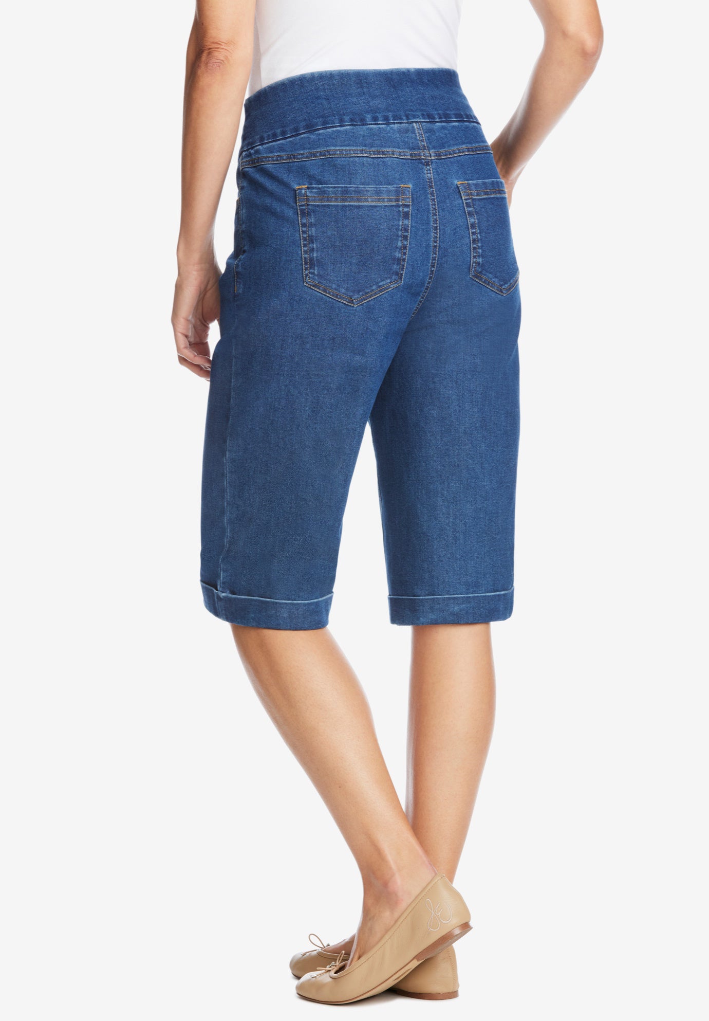 Pull-On Flex-Fit Elastic-Waist Stretch Denim Jeans Shorts image number 1