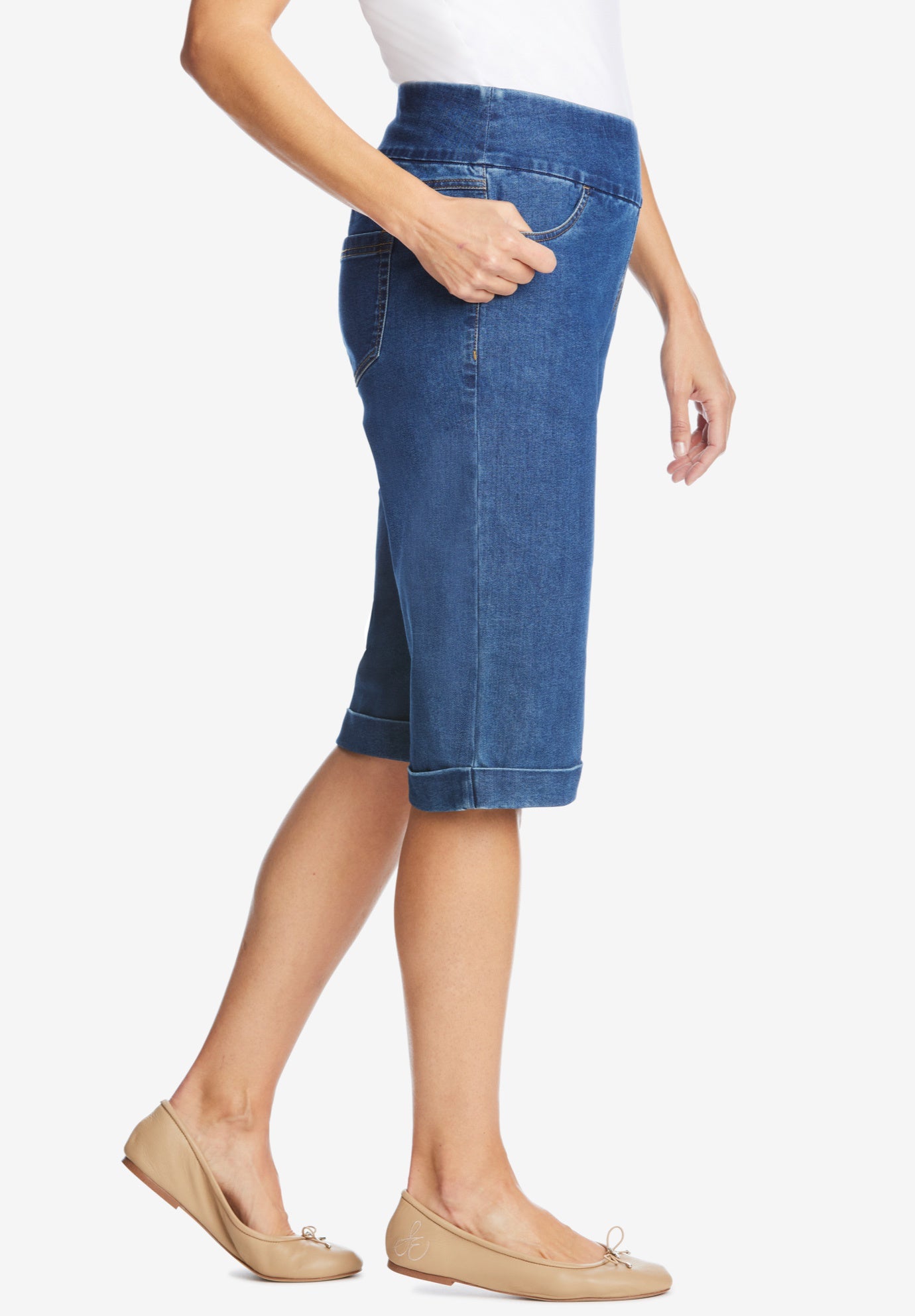 Pull-On Flex-Fit Elastic-Waist Stretch Denim Jeans Shorts image number 2