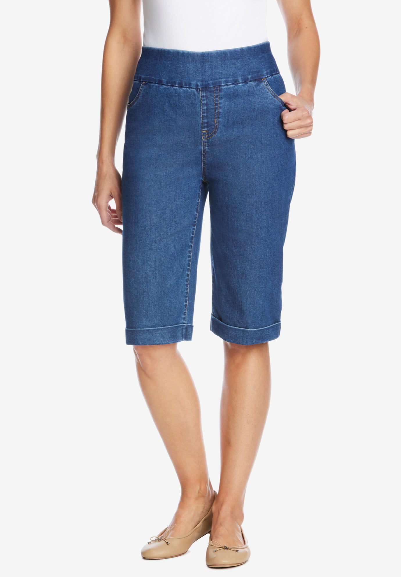 Pull-On Flex-Fit Elastic-Waist Stretch Denim Jeans Shorts image number 0