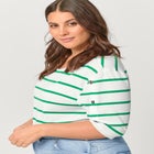 Cotton Spandex Boat Neck 3/4 Sleeve Button Trim Tee image number null