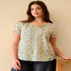 A-Line Scoop Neck Ruffle Trim 100% Cotton Cambric Peasant Blouse image number null