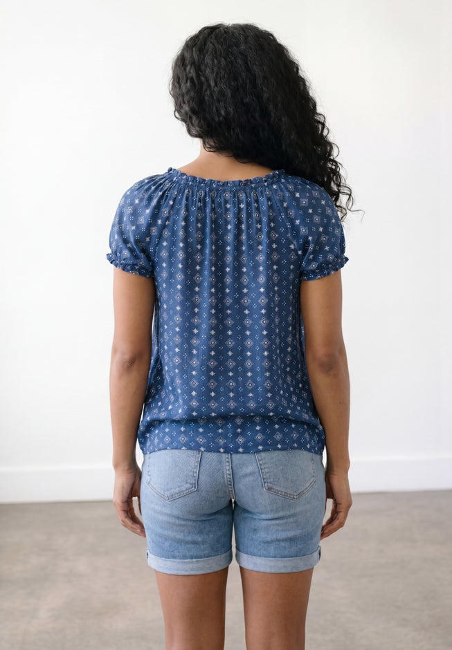 A-Line Scoop Neck Ruffle Trim 100% Cotton Cambric Peasant Blouse image number 1