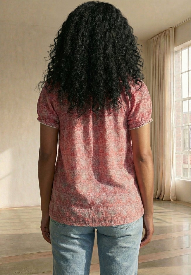 A-Line Scoop Neck Ruffle Trim 100% Cotton Cambric Peasant Blouse image number 1