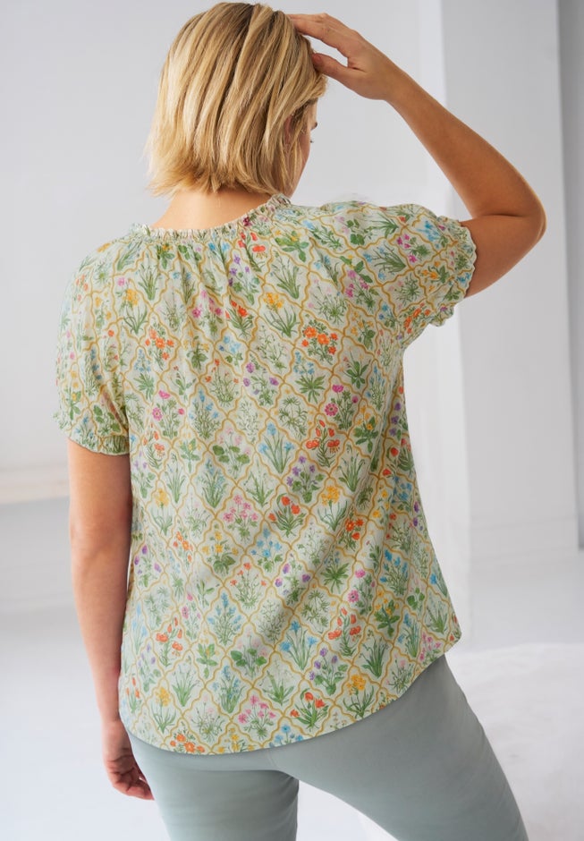 A-Line Scoop Neck Ruffle Trim 100% Cotton Cambric Peasant Blouse image number 1