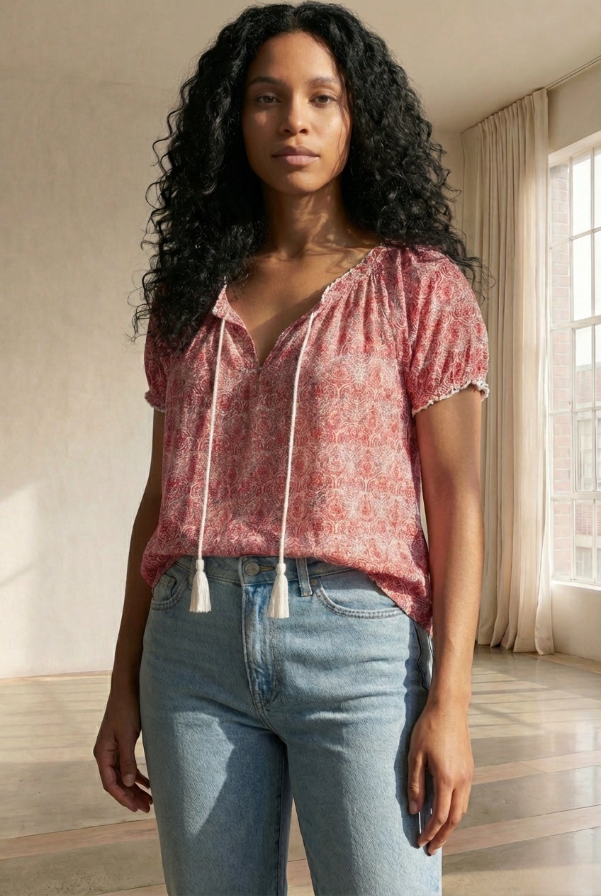 A-Line Scoop Neck Ruffle Trim 100% Cotton Cambric Peasant Blouse image number 0