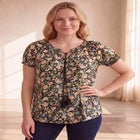 A-Line Scoop Neck Ruffle Trim 100% Cotton Cambric Peasant Blouse image number null