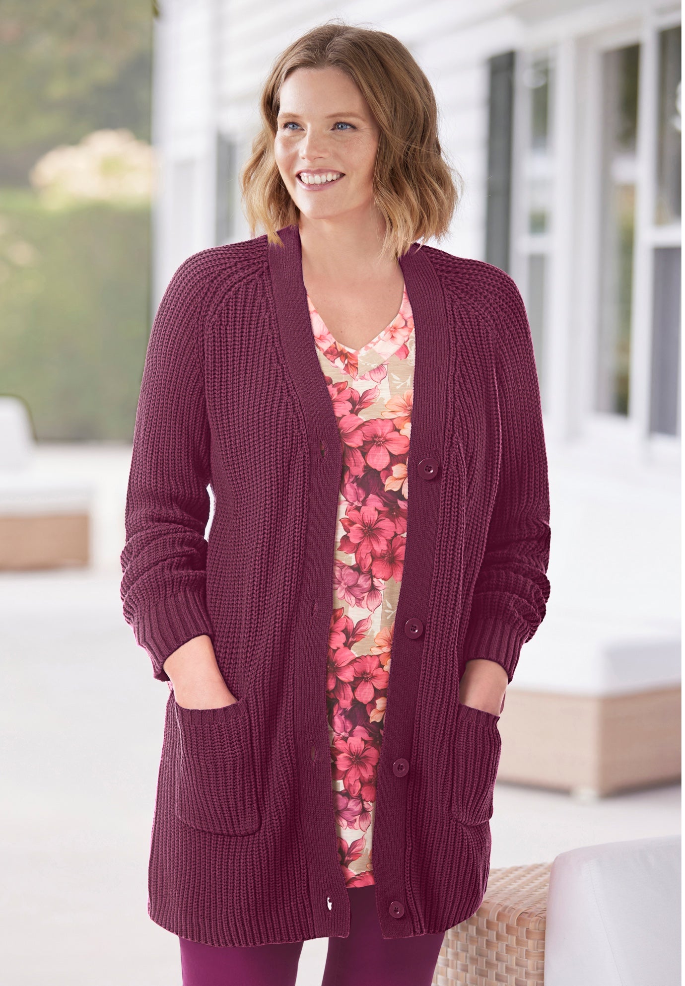Shaker Button-Front Cardigan Sweater image number 0