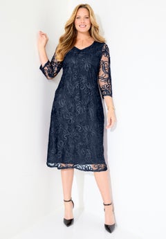 catherines clothing dresses Plus Size Women's Faux Pearl Trim Ruffle Sleeve Shift Dress by in Blue Storm (Size 1X) A modern twist on a classic silhouette Catherines Women's Plus Size Anywear
