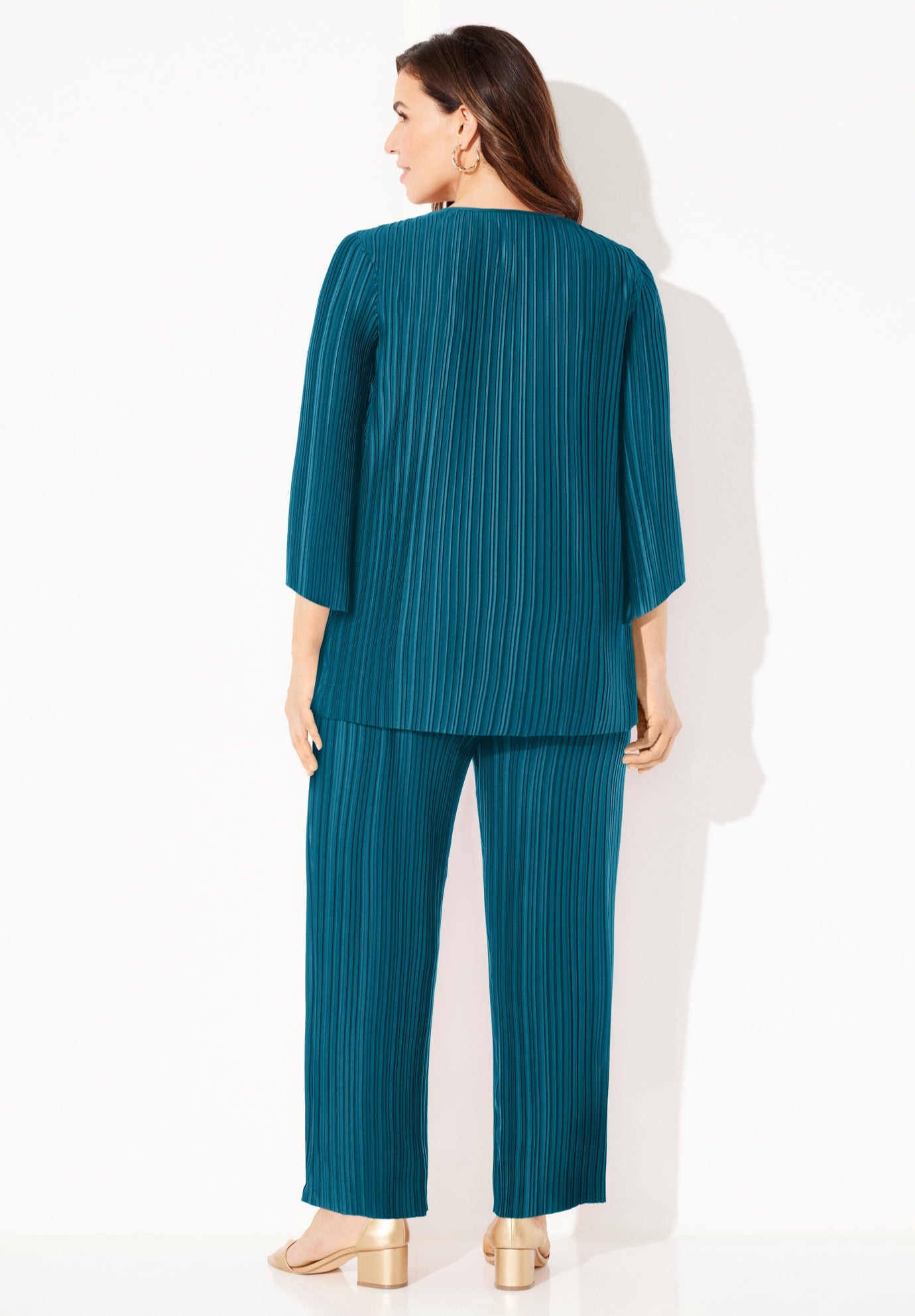 Shiny Pleated Knit 3-Piece Pant Set image number 1